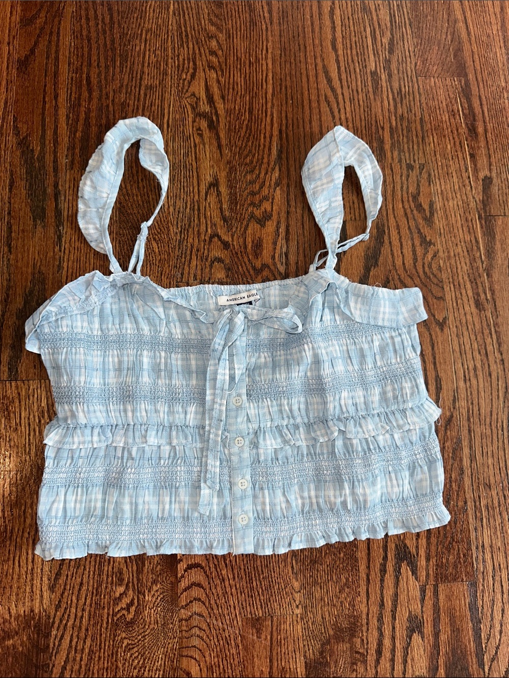 American Eagle Light Blue Ruffle Button-Front Crop Tank